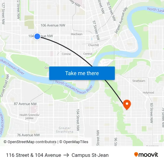 116 Street & 104 Avenue to Campus St-Jean map