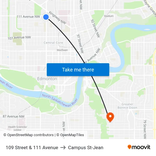 109 Street & 111 Avenue to Campus St-Jean map