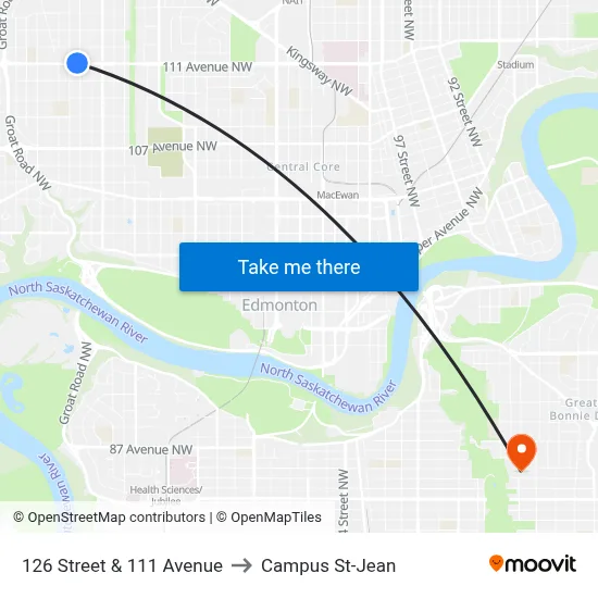 126 Street & 111 Avenue to Campus St-Jean map