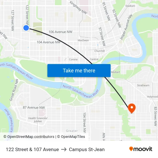 122 Street & 107 Avenue to Campus St-Jean map