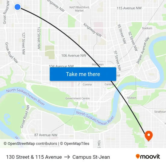 130 Street & 115 Avenue to Campus St-Jean map
