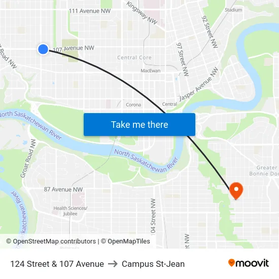 124 Street & 107 Avenue to Campus St-Jean map