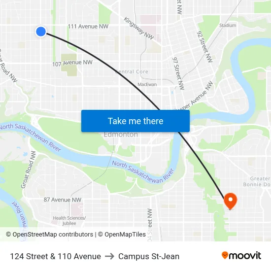124 Street & 110 Avenue to Campus St-Jean map