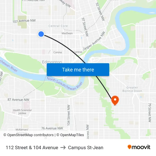112 Street & 104 Avenue to Campus St-Jean map