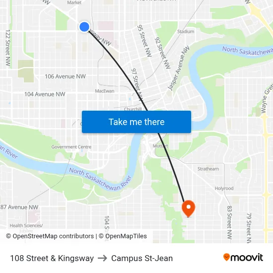108 Street & Kingsway to Campus St-Jean map