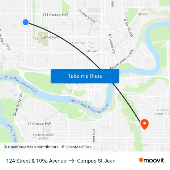 124 Street & 109a Avenue to Campus St-Jean map