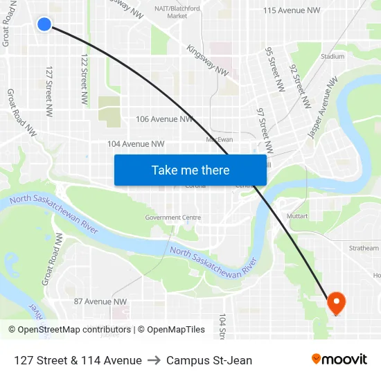 127 Street & 114 Avenue to Campus St-Jean map