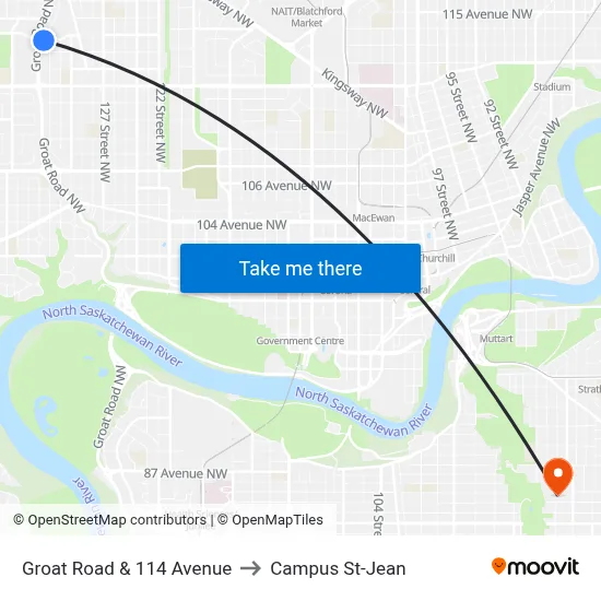 Groat Road & 114 Avenue to Campus St-Jean map