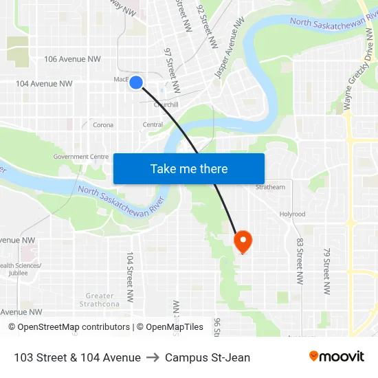 103 Street & 104 Avenue to Campus St-Jean map