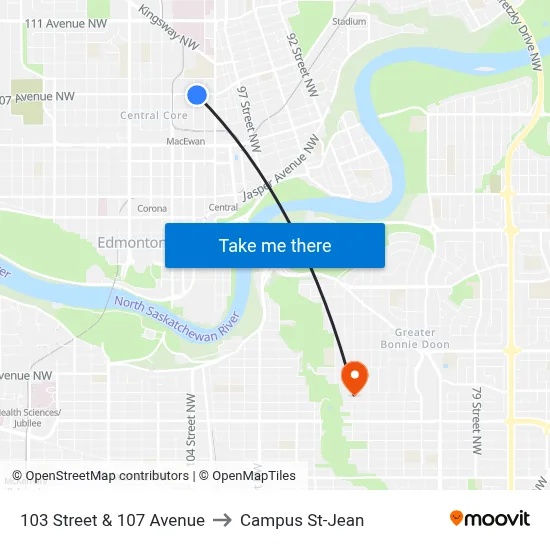 103 Street & 107 Avenue to Campus St-Jean map