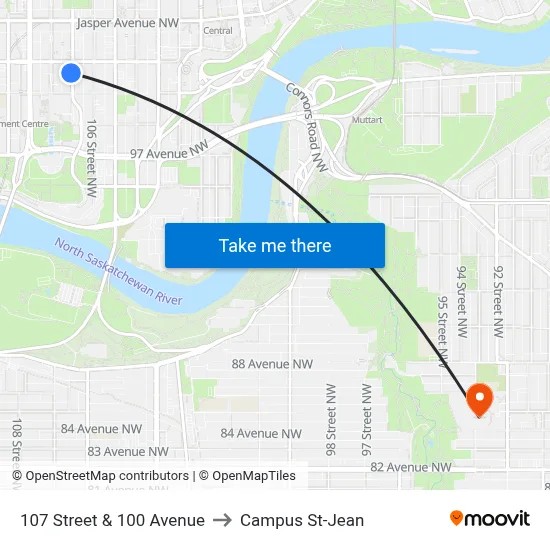107 Street & 100 Avenue to Campus St-Jean map