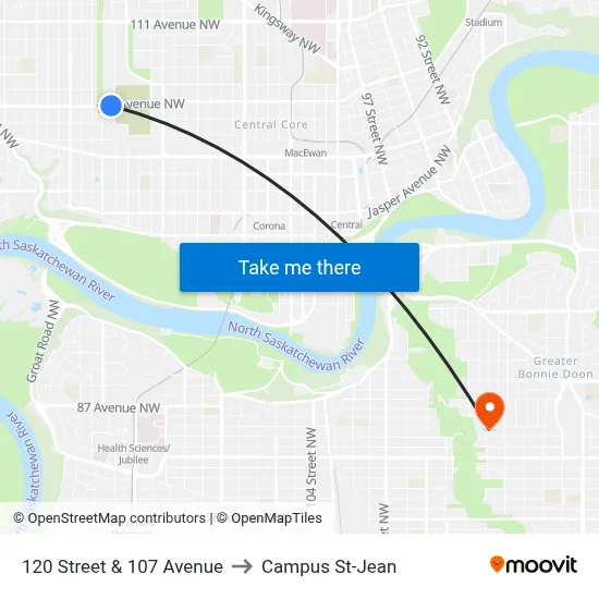 120 Street & 107 Avenue to Campus St-Jean map
