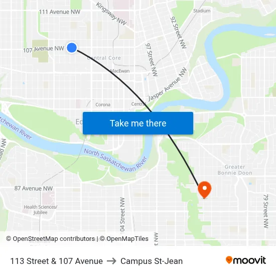 113 Street & 107 Avenue to Campus St-Jean map