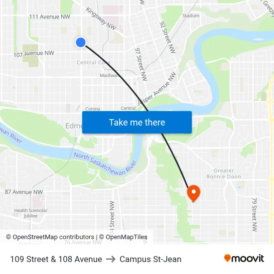 109 Street & 108 Avenue to Campus St-Jean map