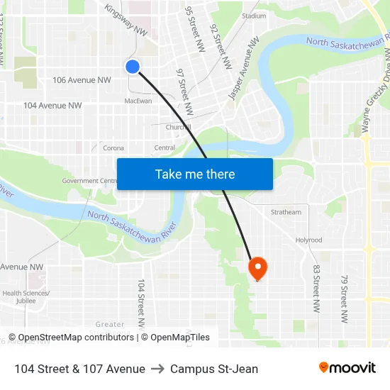 104 Street & 107 Avenue to Campus St-Jean map