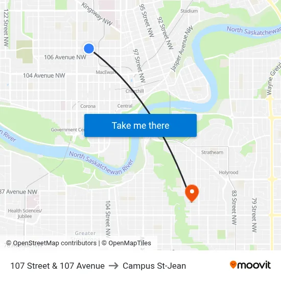 107 Street & 107 Avenue to Campus St-Jean map