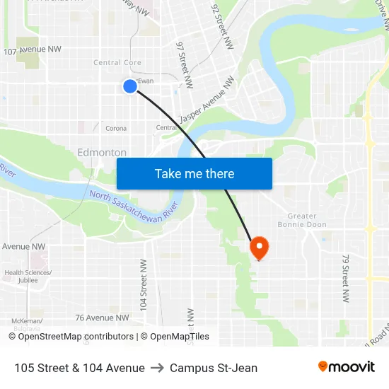 105 Street & 104 Avenue to Campus St-Jean map