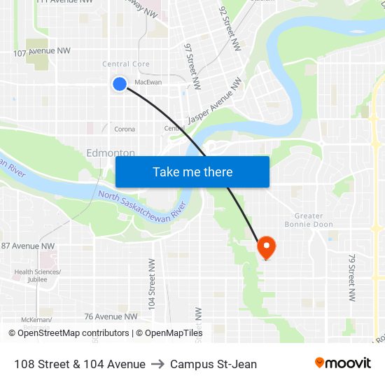 108 Street & 104 Avenue to Campus St-Jean map