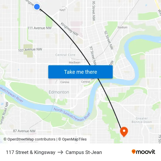 117 Street & Kingsway to Campus St-Jean map