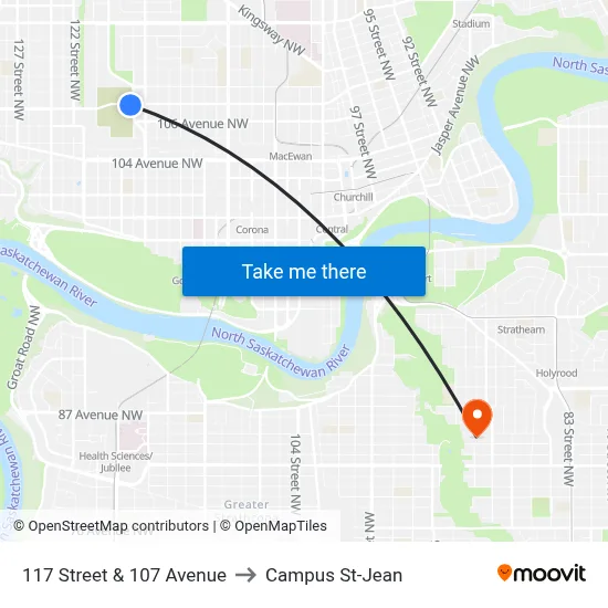 117 Street & 107 Avenue to Campus St-Jean map