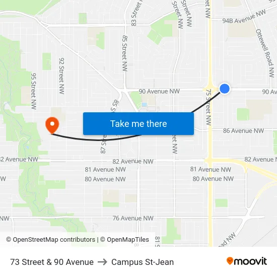 73 Street & 90 Avenue to Campus St-Jean map