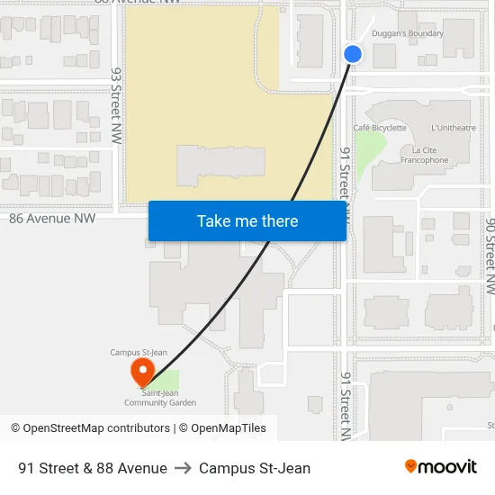91 Street & 88 Avenue to Campus St-Jean map