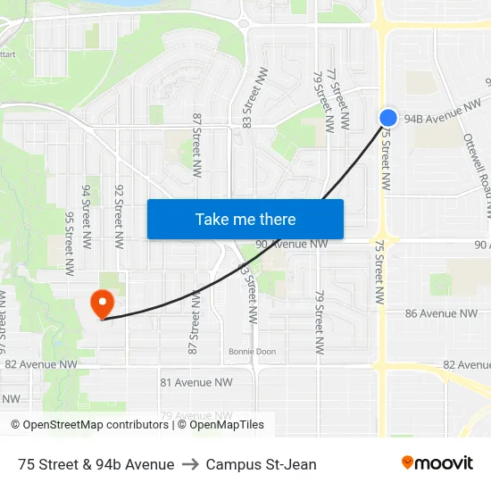 75 Street & 94b Avenue to Campus St-Jean map