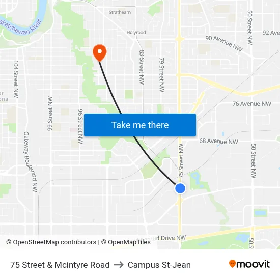 75 Street & Mcintyre Road to Campus St-Jean map