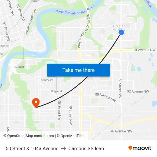 50 Street & 104a Avenue to Campus St-Jean map