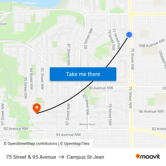 75 Street & 95 Avenue to Campus St-Jean map