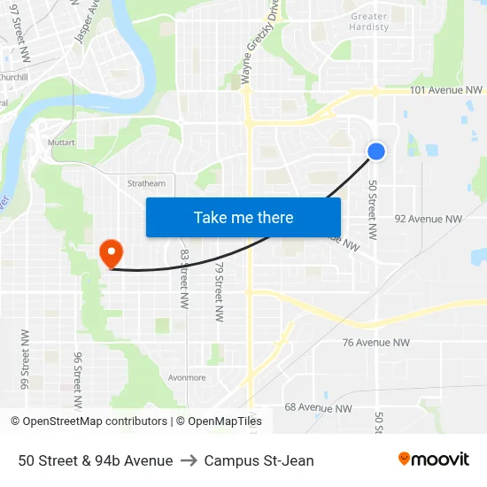 50 Street & 94b Avenue to Campus St-Jean map