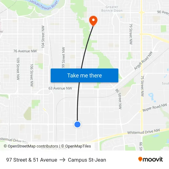 97 Street & 51 Avenue to Campus St-Jean map