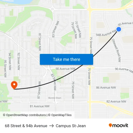 68 Street & 94b Avenue to Campus St-Jean map