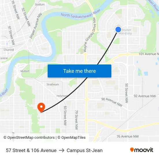 57 Street & 106 Avenue to Campus St-Jean map