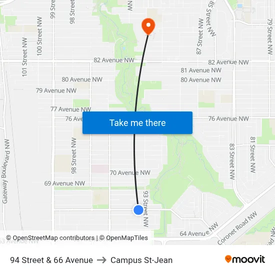 94 Street & 66 Avenue to Campus St-Jean map