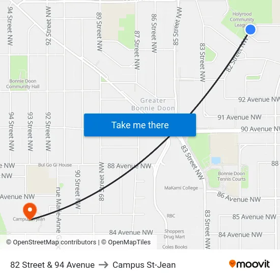 82 Street & 94 Avenue to Campus St-Jean map