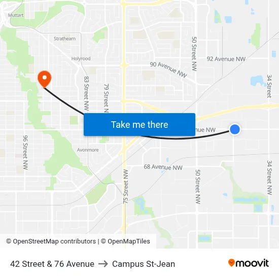 42 Street & 76 Avenue to Campus St-Jean map