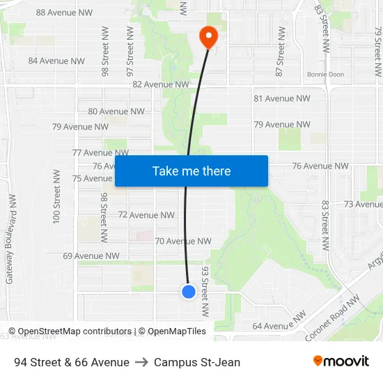 94 Street & 66 Avenue to Campus St-Jean map