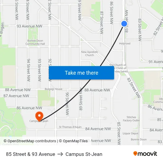 85 Street & 93 Avenue to Campus St-Jean map