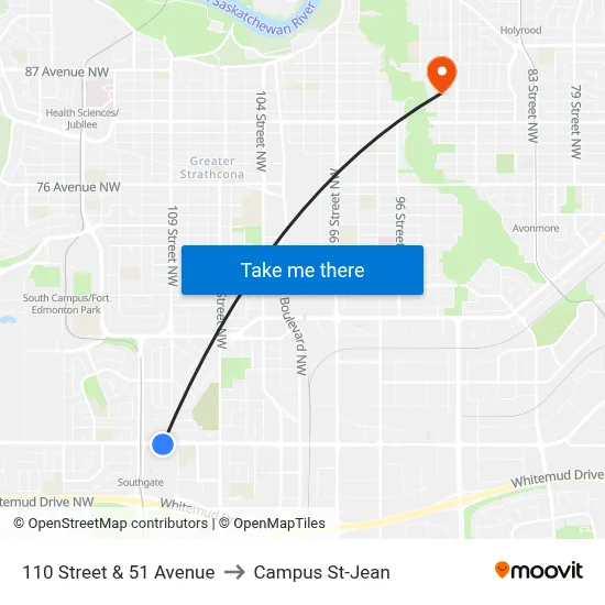 110 Street & 51 Avenue to Campus St-Jean map