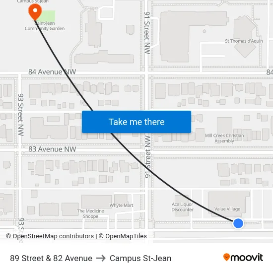 89 Street & 82 Avenue to Campus St-Jean map
