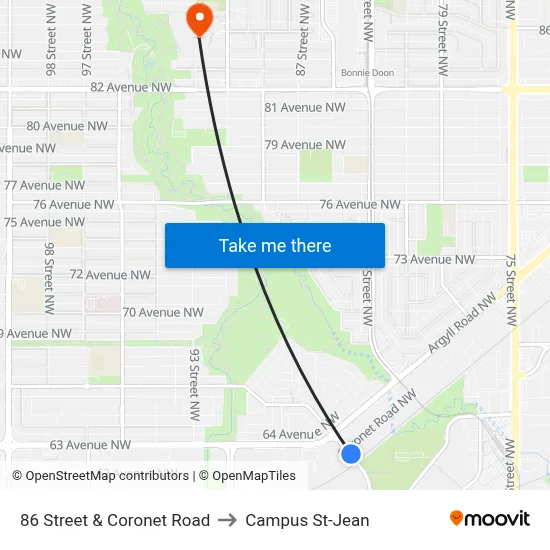 86 Street & Coronet Road to Campus St-Jean map