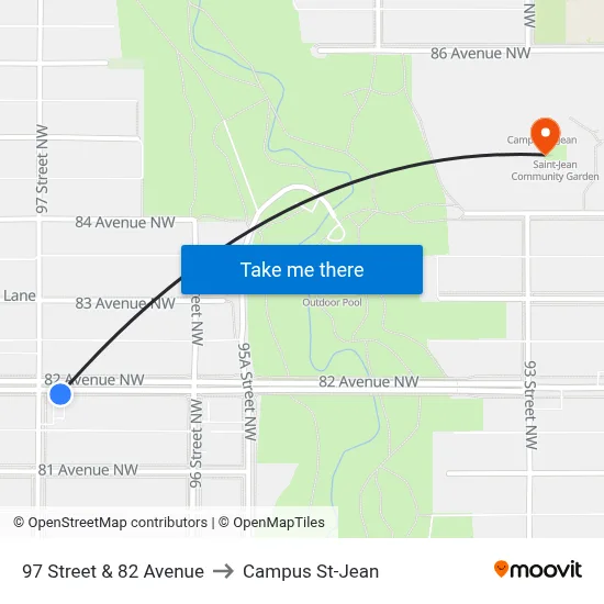 97 Street & 82 Avenue to Campus St-Jean map