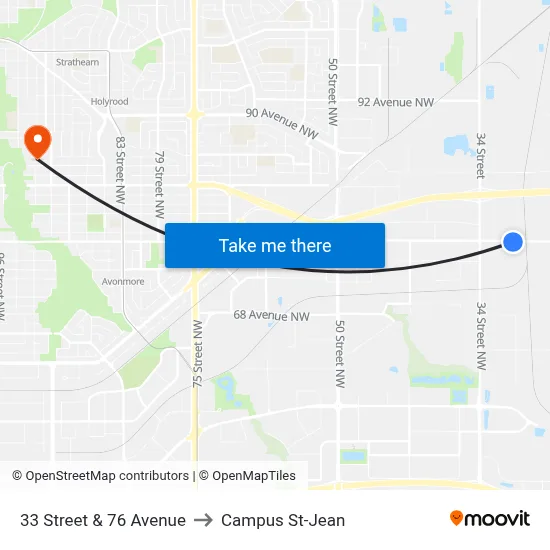 33 Street & 76 Avenue to Campus St-Jean map