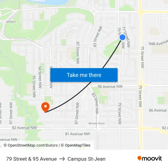 79 Street & 95 Avenue to Campus St-Jean map