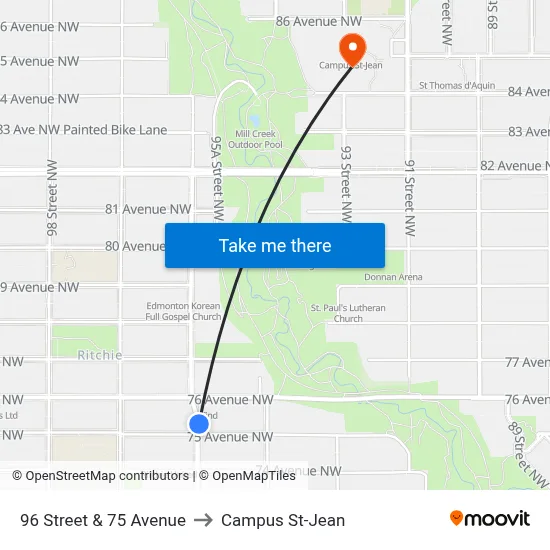 96 Street & 75 Avenue to Campus St-Jean map