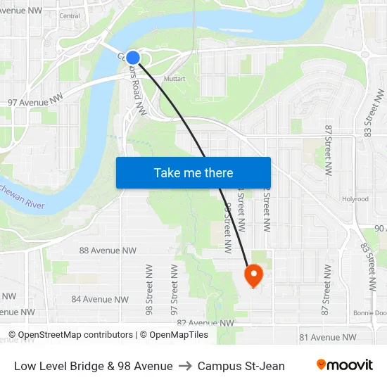 Low Level Bridge & 98 Avenue to Campus St-Jean map