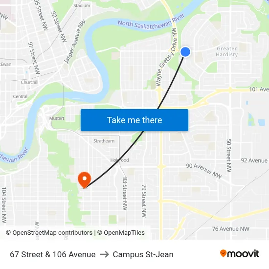 67 Street & 106 Avenue to Campus St-Jean map