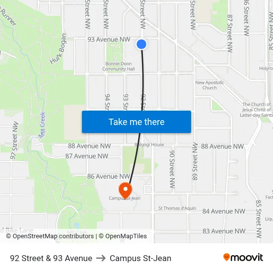 92 Street & 93 Avenue to Campus St-Jean map