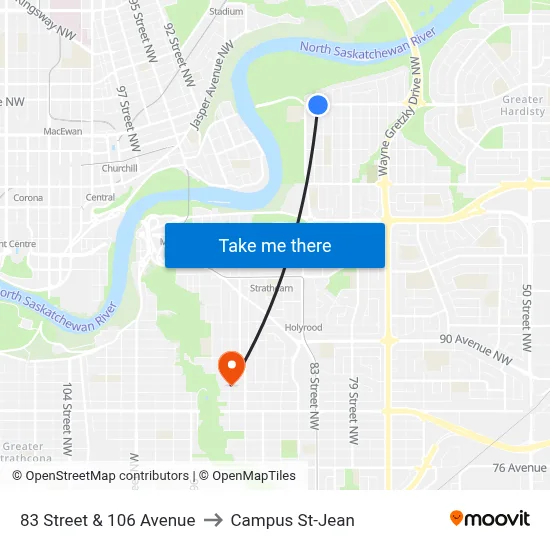 83 Street & 106 Avenue to Campus St-Jean map